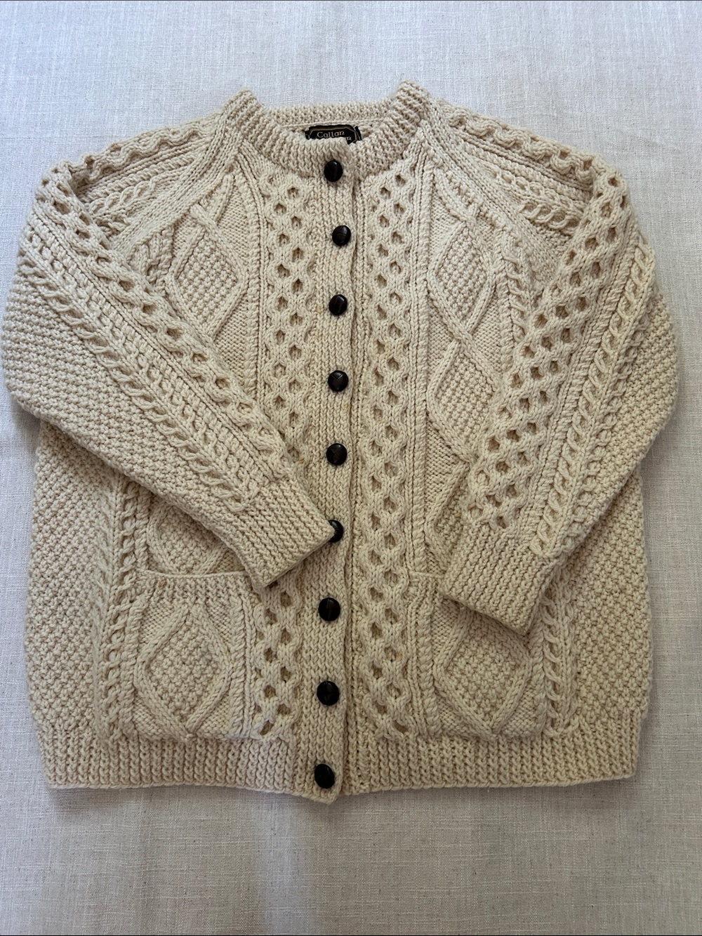 Callan Knitwear From Ireland Chunky Cable Knit Cardigan Ivory Wool Hand Knit